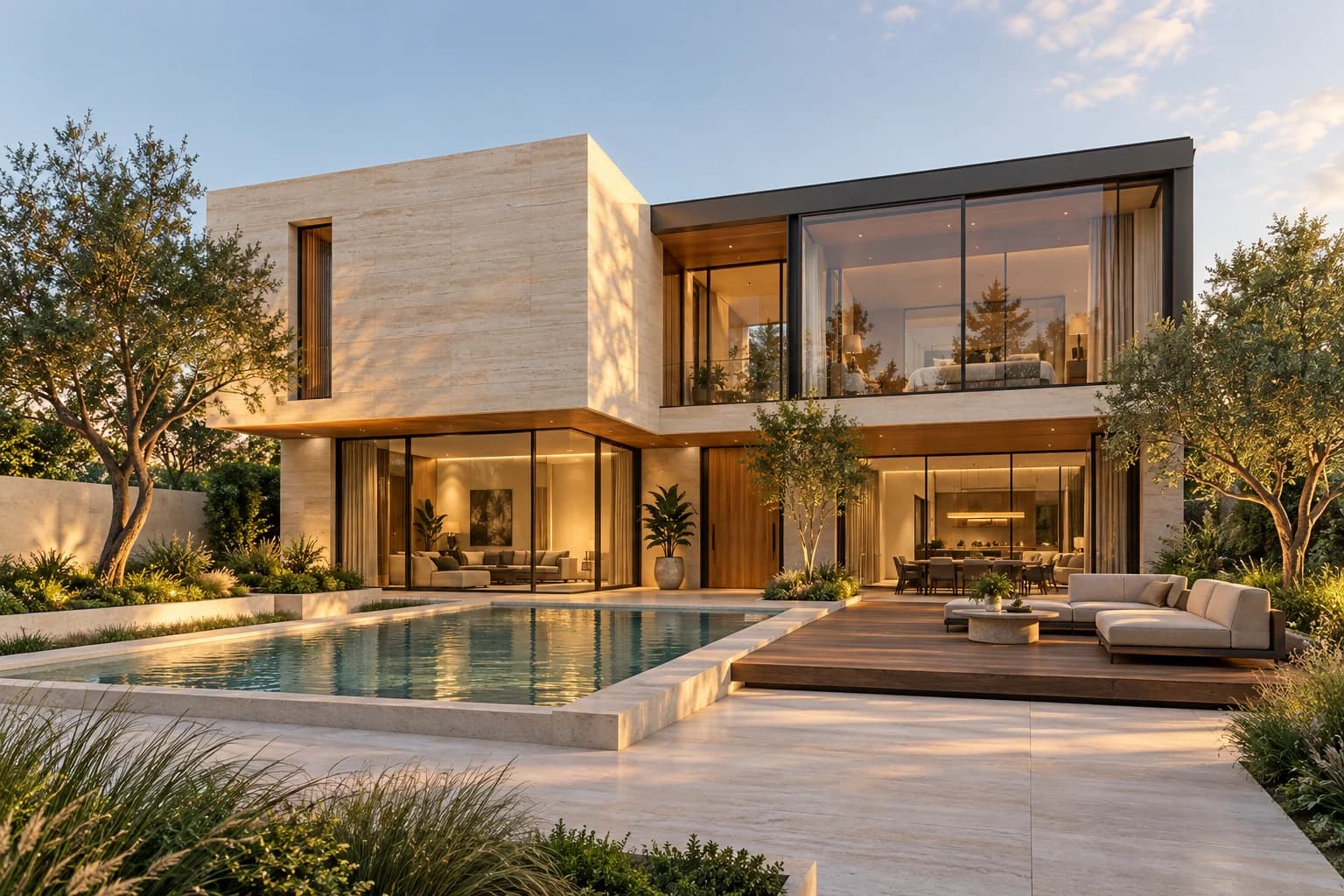 Original AI concept of a pale stone and glass courtyard home